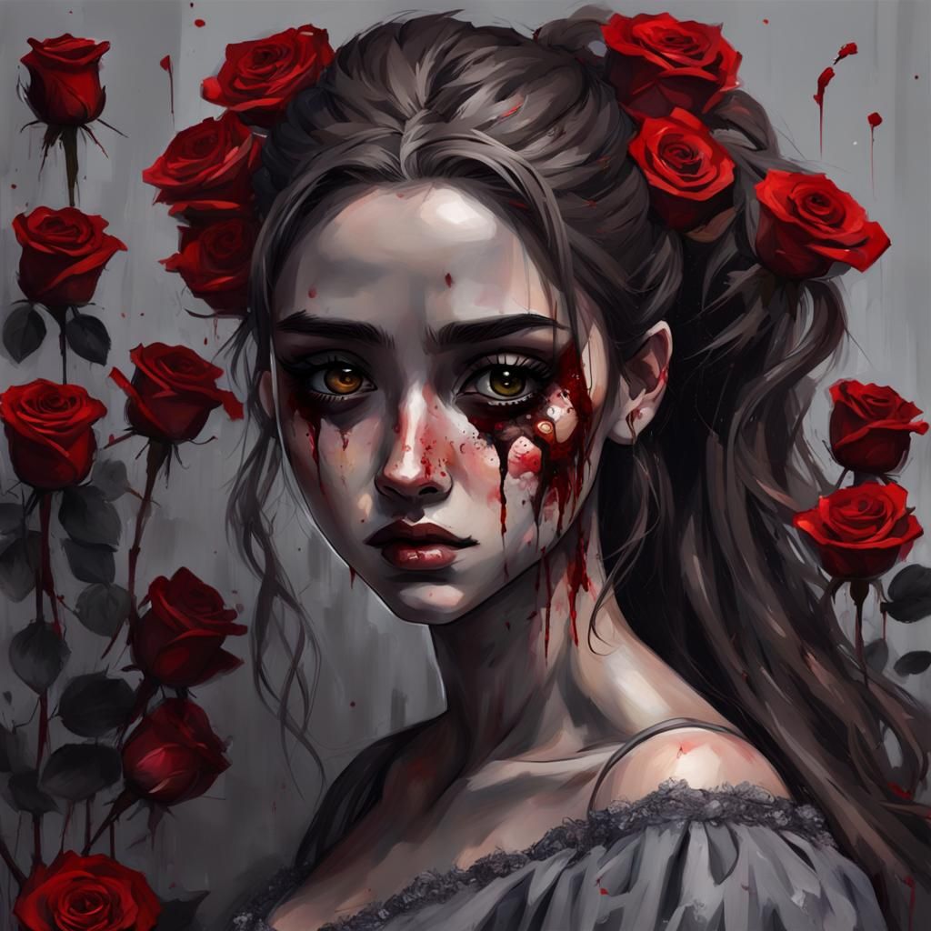 Cracked Girl with Roses in a Grey Dress