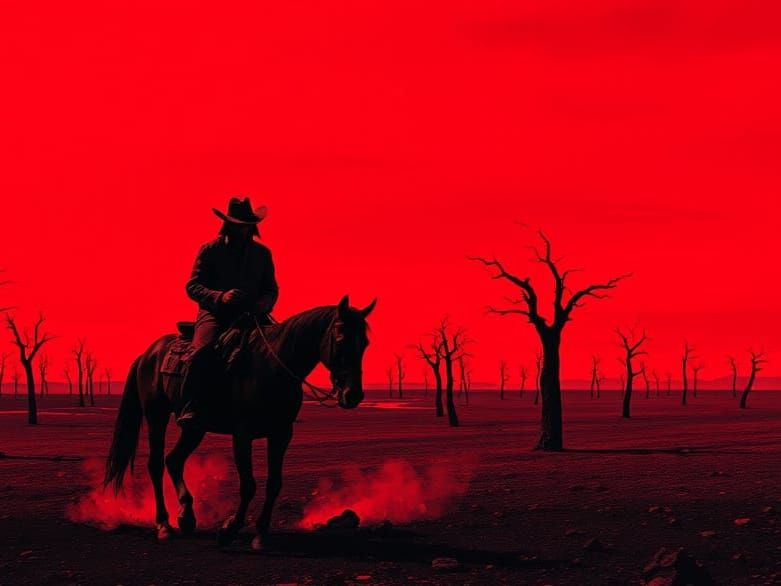 Cowboy Under Crimson Sky in German Expressionist Style