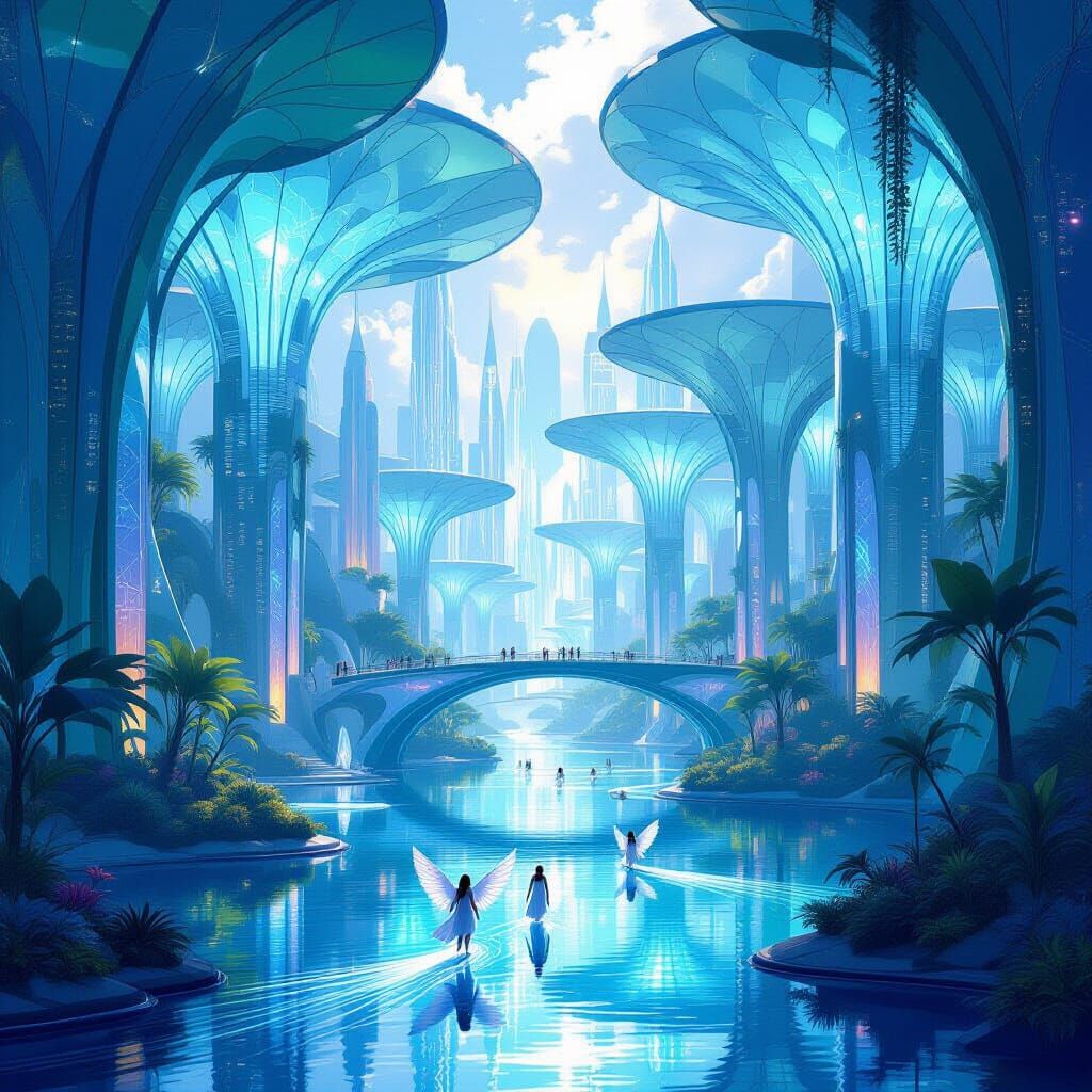 Ethereal City Among Glowing Flora With Winged Beings