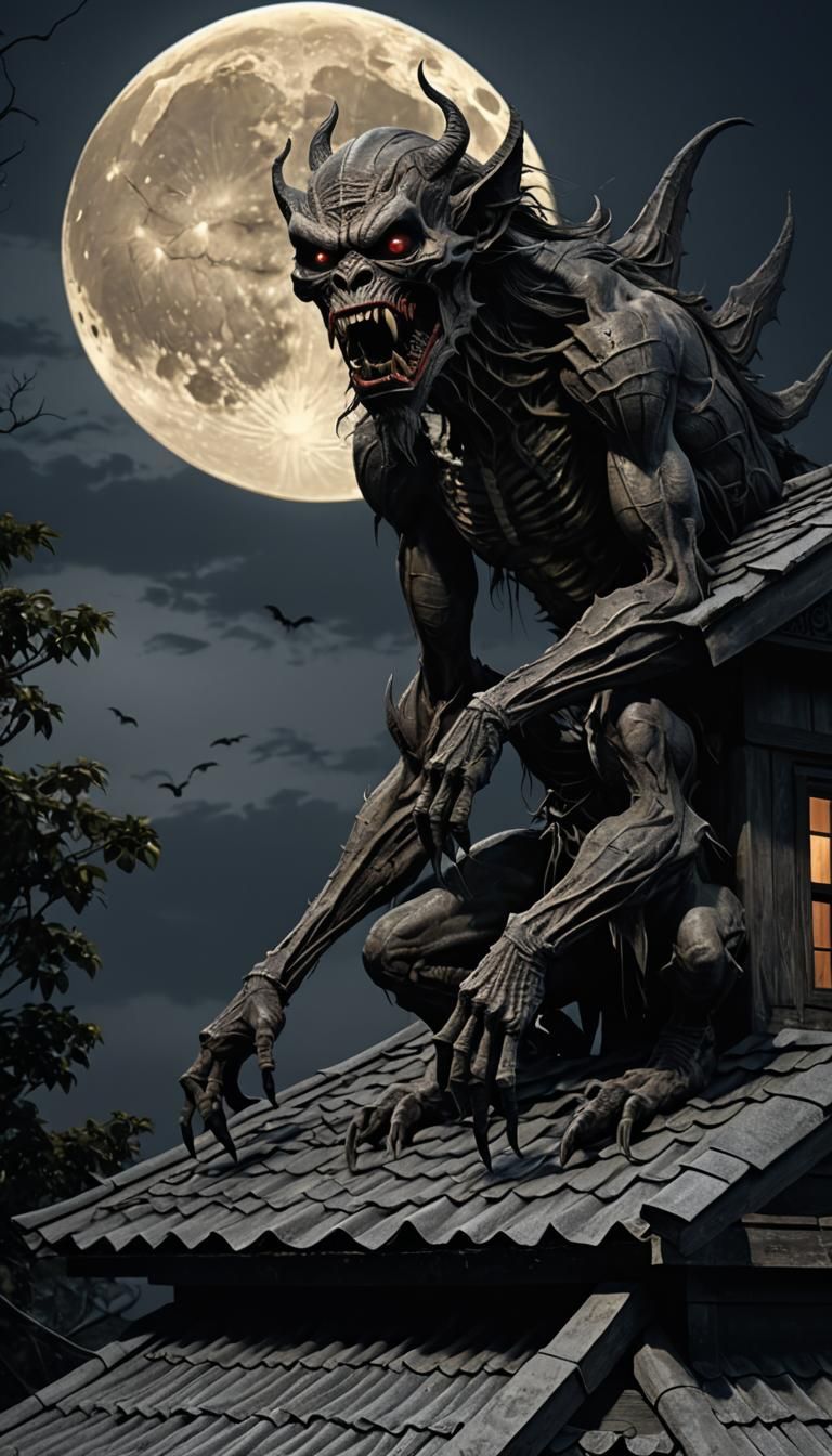 A scary creature with fangs, at the roof of a house