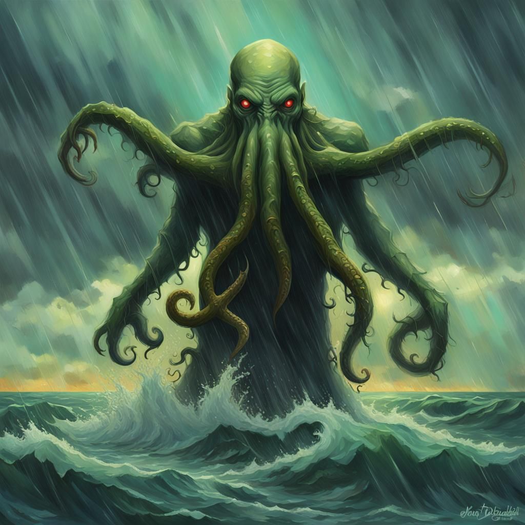 Cthulhu Rises from Stormy Ocean: Dark Fantasy Art