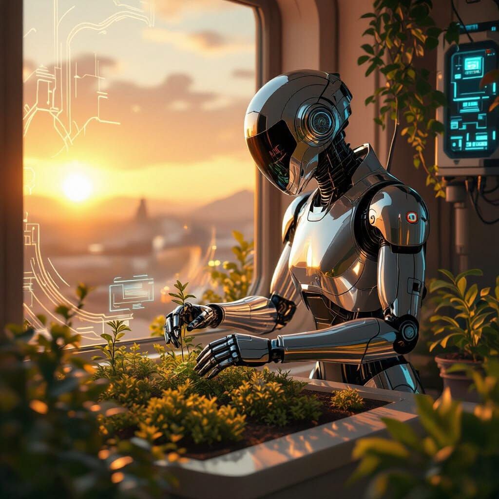 Robot Gardener on Mars in Sci-Fi Style
