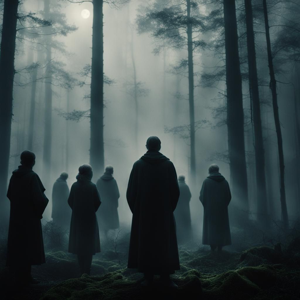 Mystical Prayer Scene in Moonlit Forest