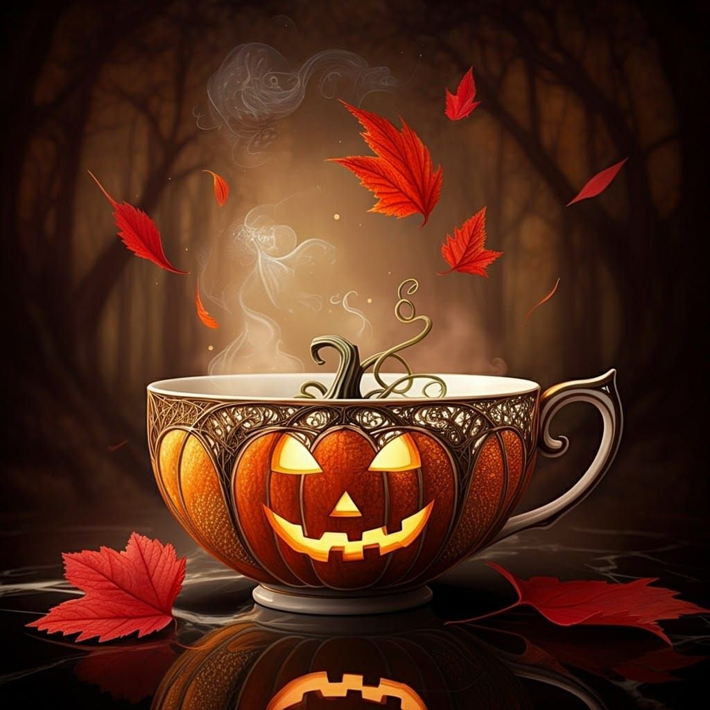 Ornate Teacup with Autumn Leaves in Art Nouveau Style