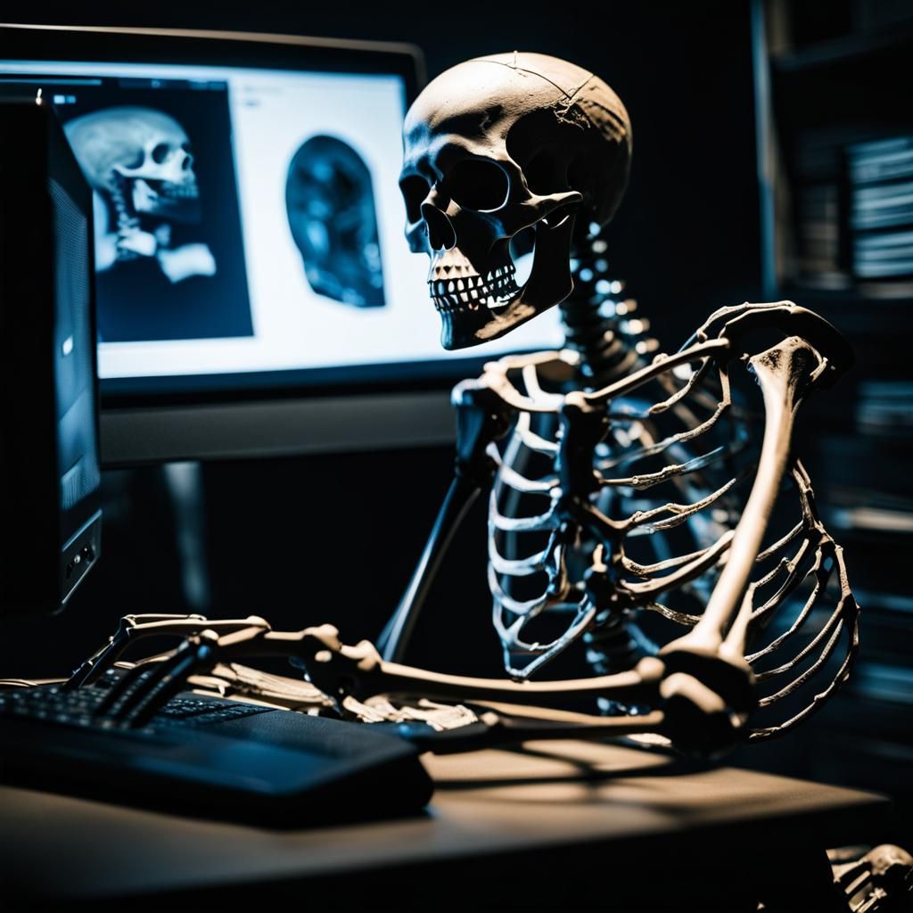 a dusty and broken skeleton covered in cobweb is looking at a computer screen waiting at his skeleton image, the skeleto...