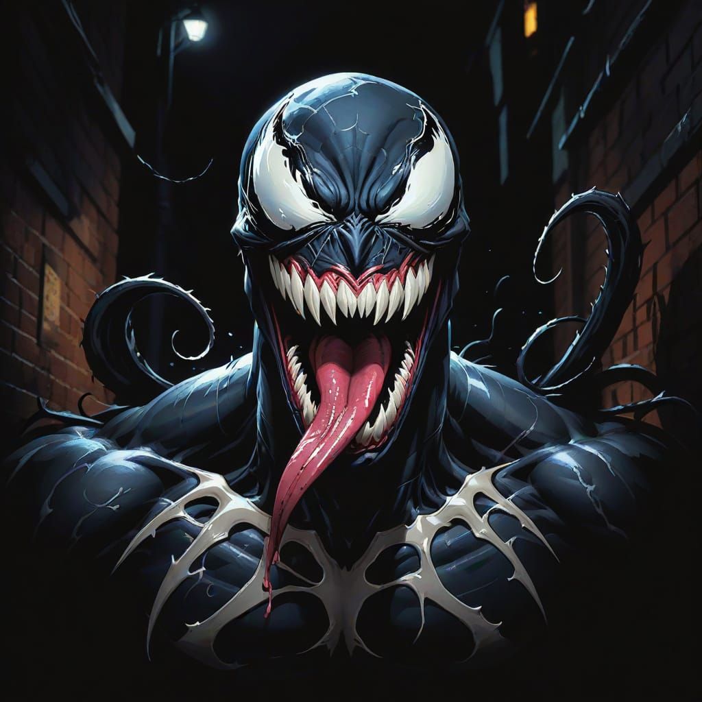 Venom Roaring in Dark Alleyway, Gouache Style