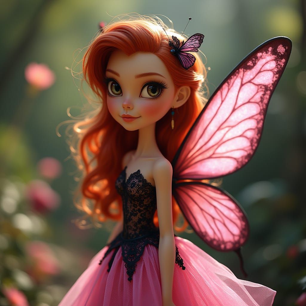 Brunette Tinkerbell in Pink Lace Dress