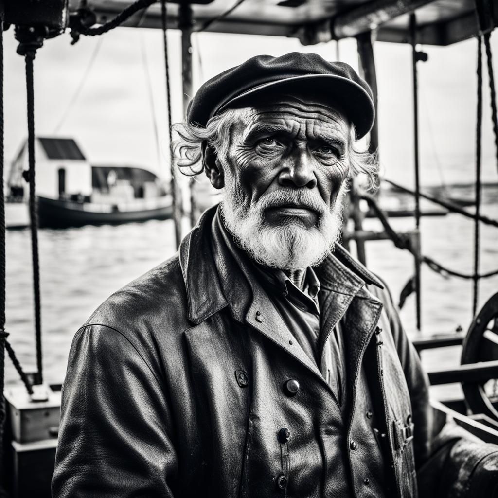 Elegant Portrait of Ancient Mariner in Fishing Boat