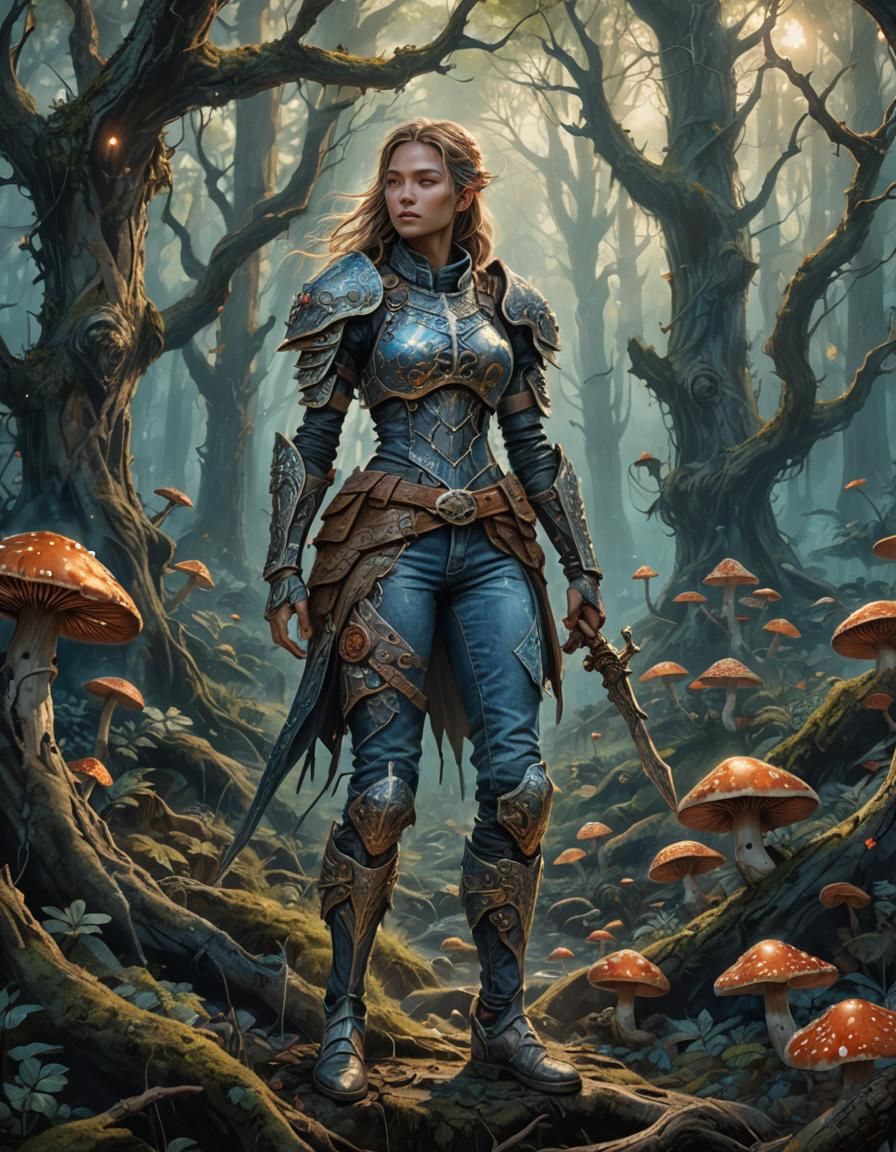 Female Warrior in Acid Wash Denim Armor