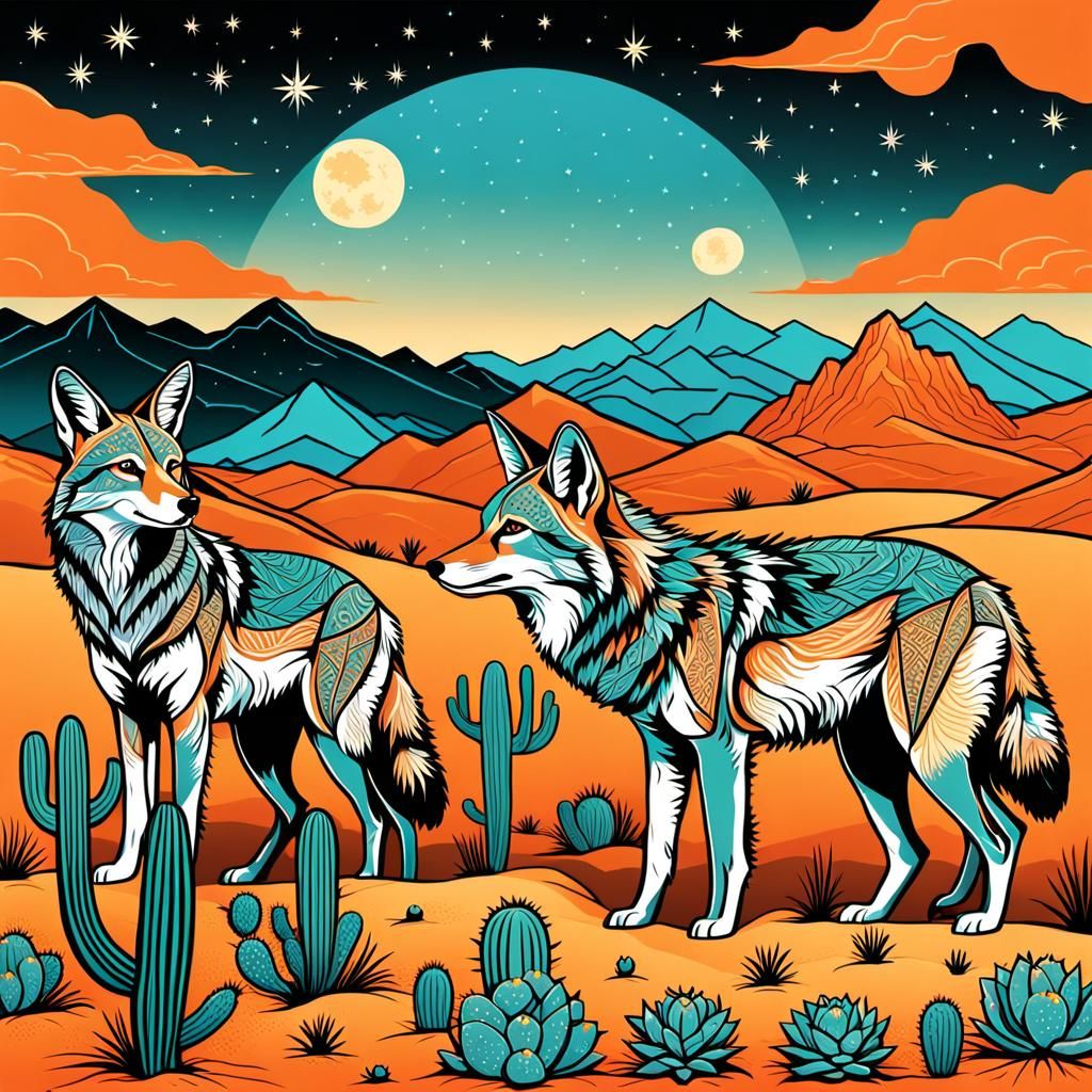 Coyotes in the Desert, Art Nouveau Illustration