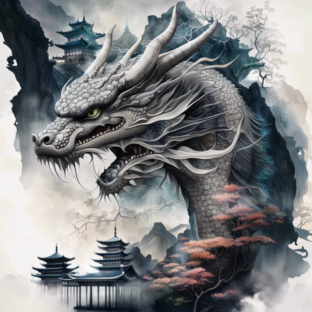 Double Exposure Dragon with Japanese Temple