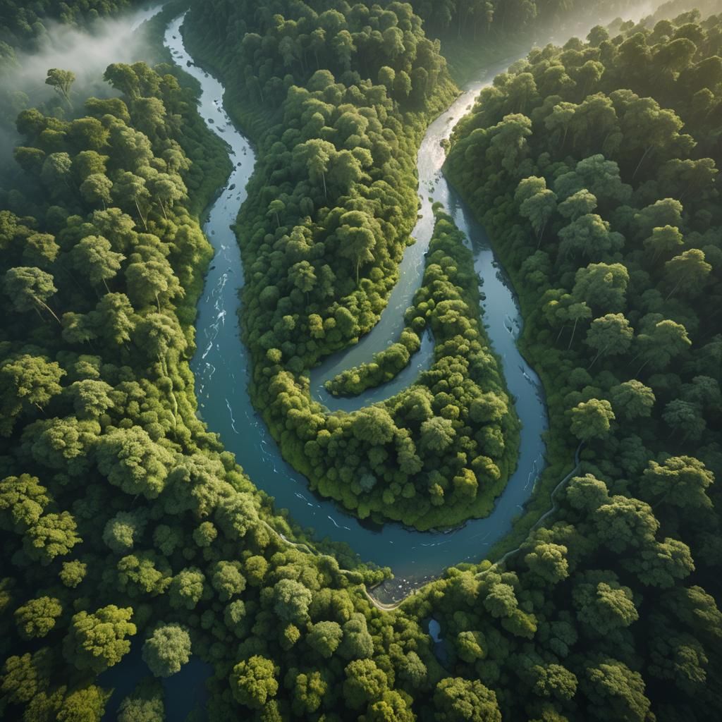 Lush Forest River at Sunrise: Aerial Photography