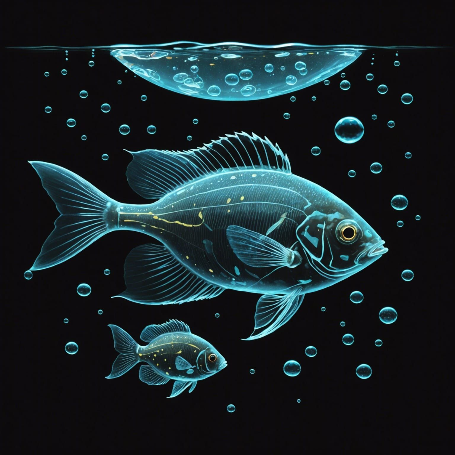 Wide angle drawing of a clear fish with small, bioluminescen...