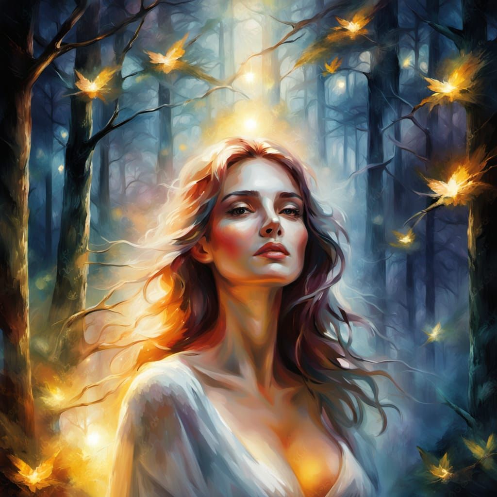 Ethereal Woman's Inner Light in Misty Forest