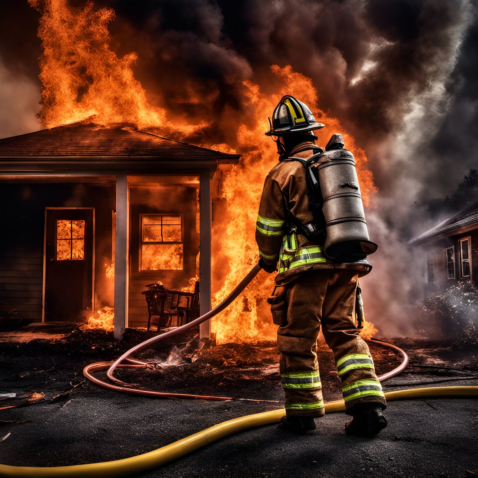 Hyperrealistic Firefighter Extinguishing Embers After House ...