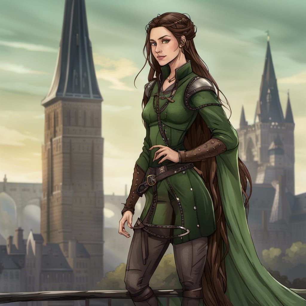 Elegant Woman in Medieval City with Dragons