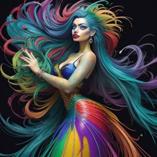 Rainbow Woman Portrait in Abstract Expressionism Style