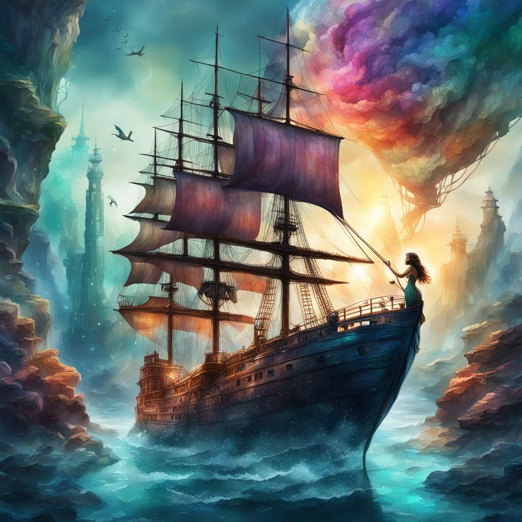 Watercolor Mermaid and Sailing Ship Double Exposure