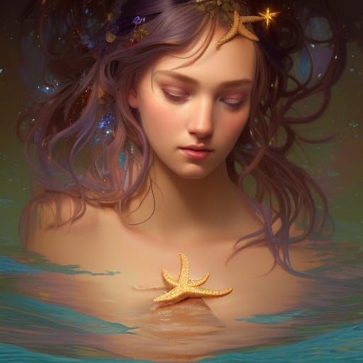 Star-Eyed Mermaid Goddess Portrait in Art Nouveau Style