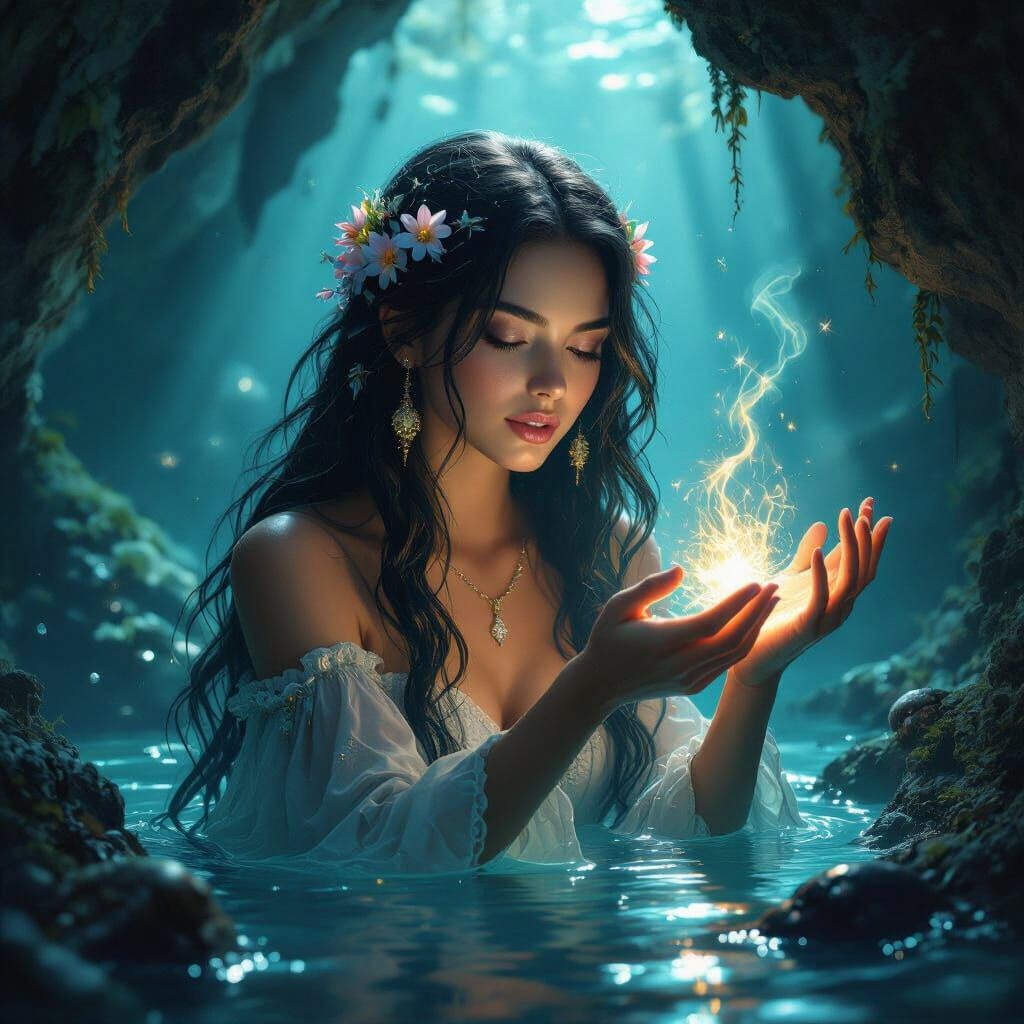 Bioluminescent Sorceress Conjuring Magic in Ocean Grotto