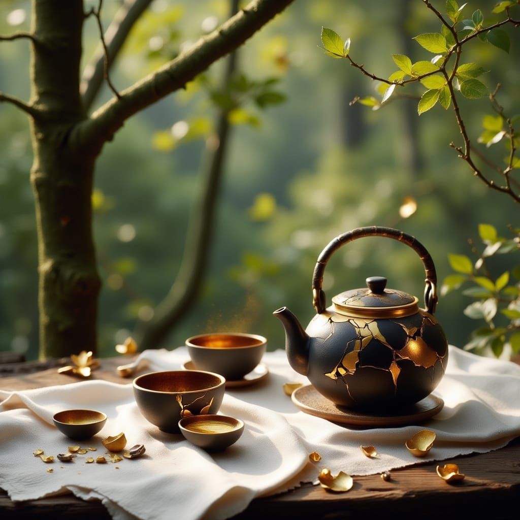 Sun Dappled Forest Clearing with Kintsugi Teaware