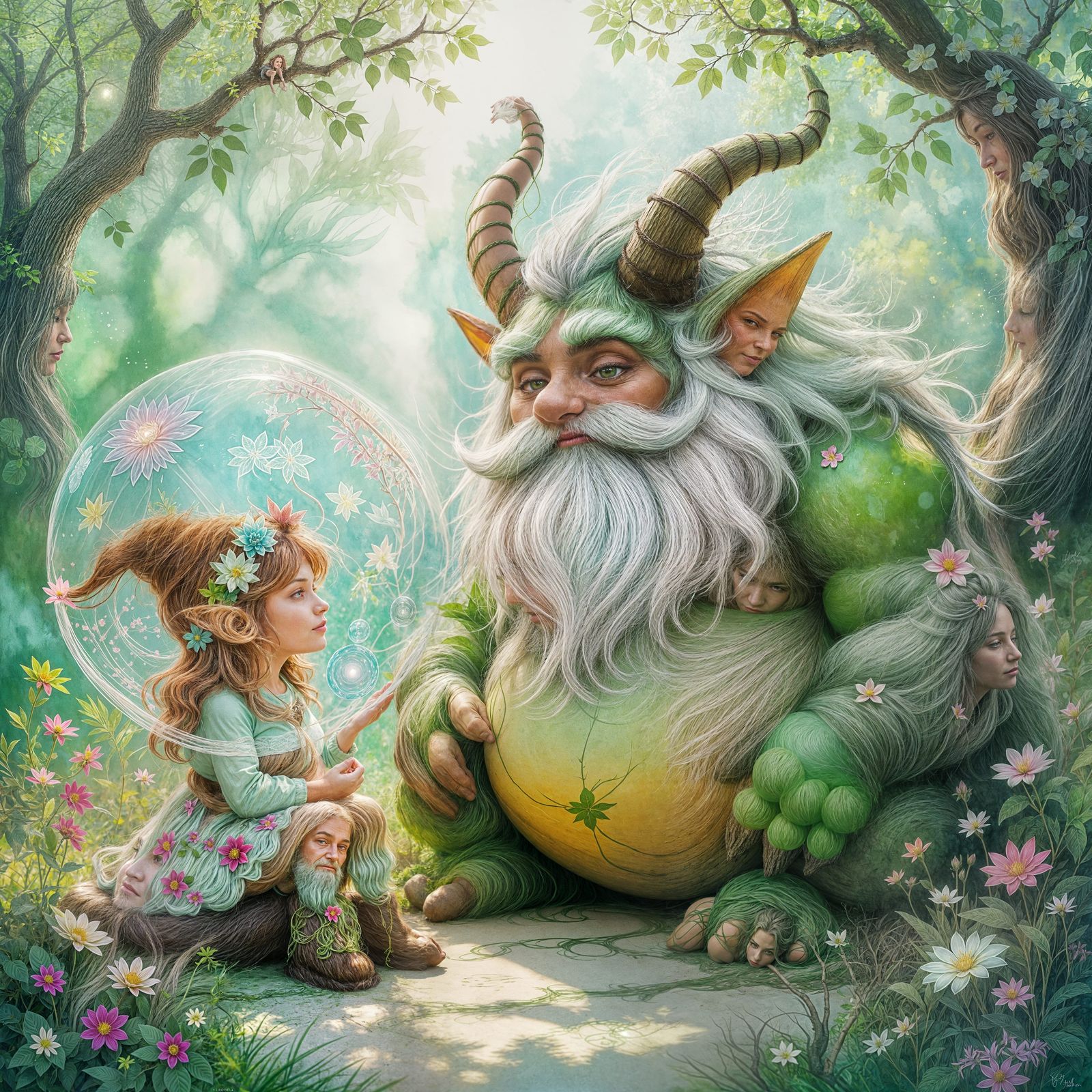 Dreamtroll Portrait with Soap Bubble Dream, Watercolor Style