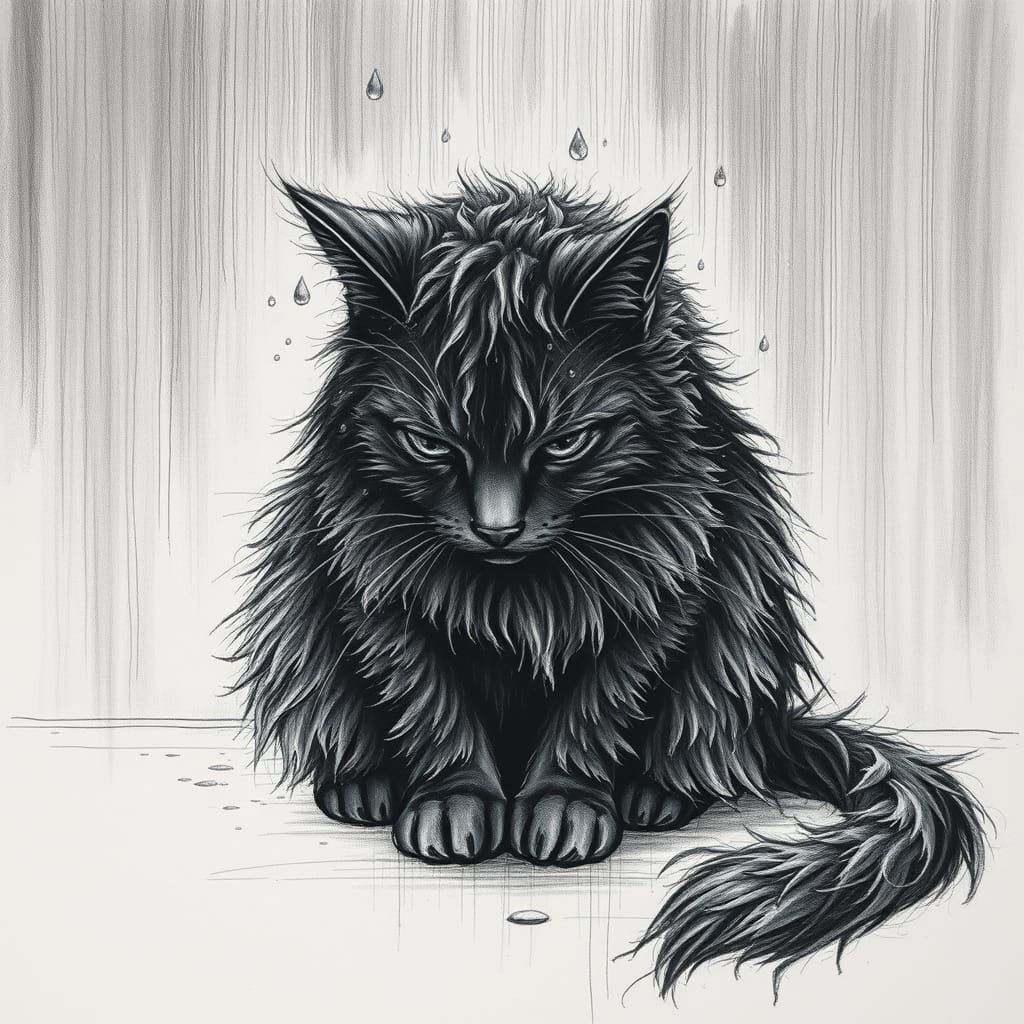 Sad Wet Cat: Hyperdetailed Charcoal Drawing