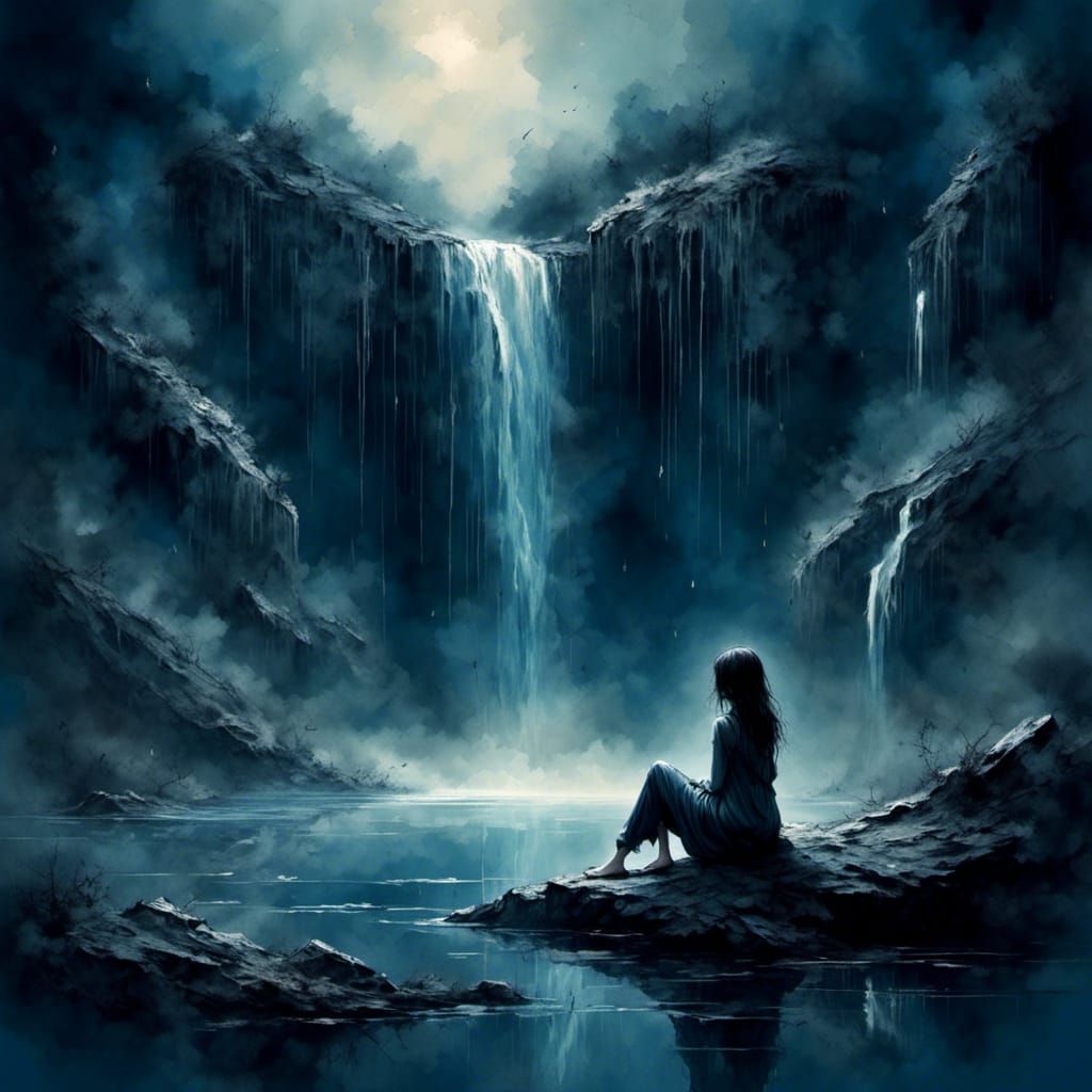 Lonely Girl by Waterfall: Watercolor Painting