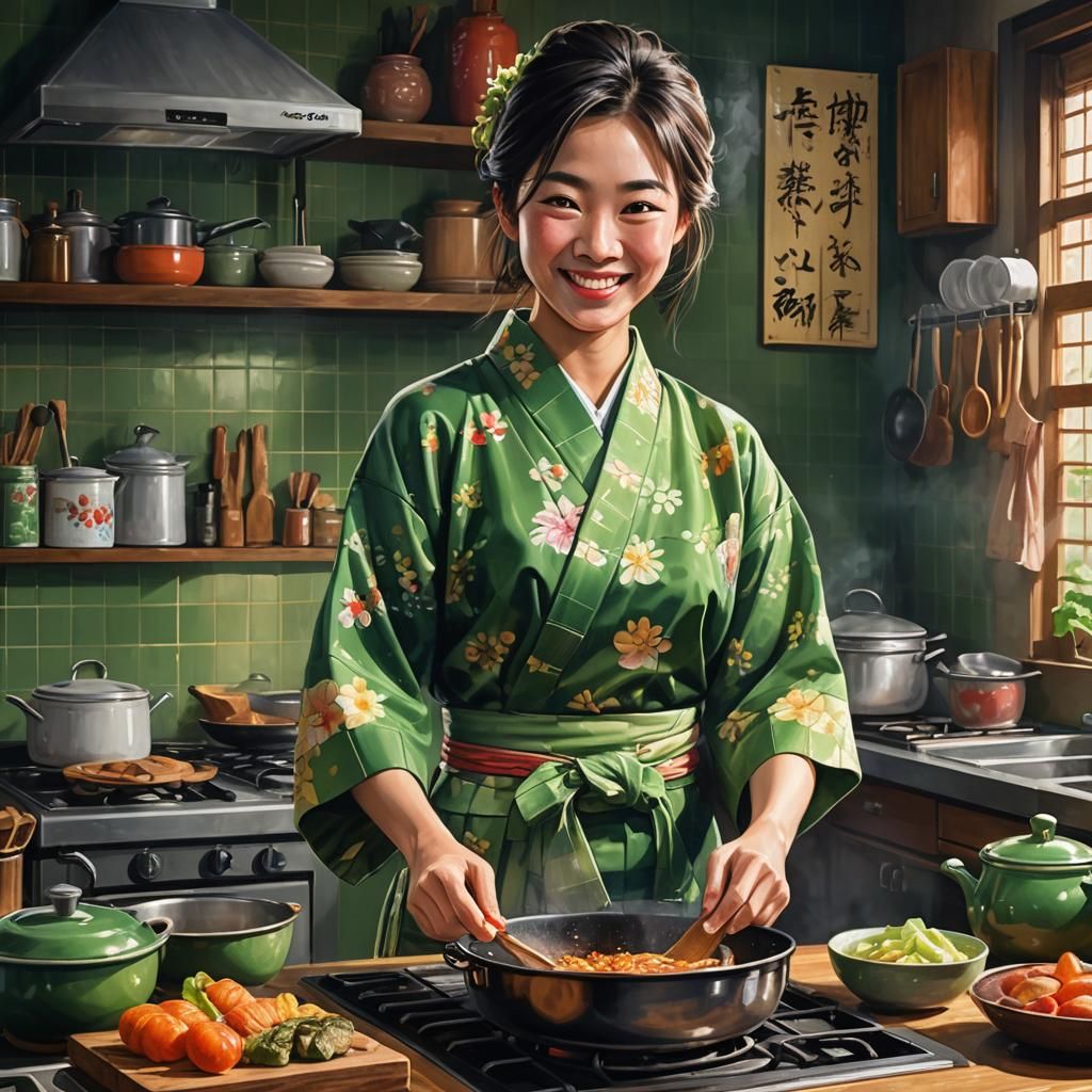 Japanese Woman Cooking in Kitchen: Hyperrealistic Splash Art