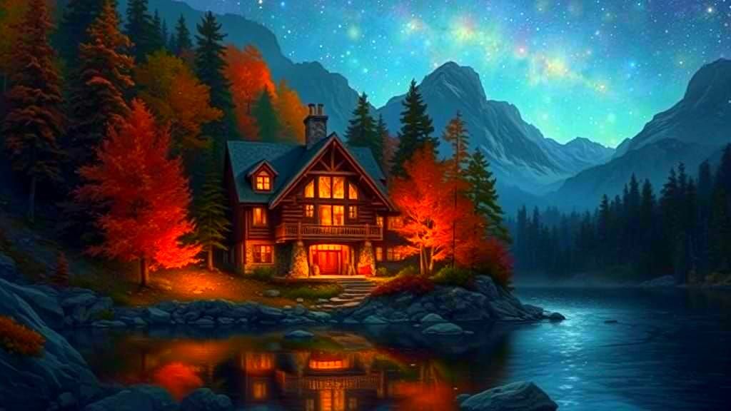 Autumn Lodge by Waterfall Under Stellar Sky