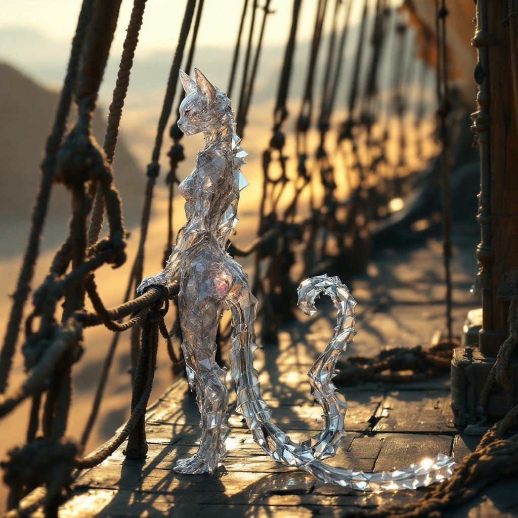 Crystalline Cat on Airship Deck in Dreamlike Illustration