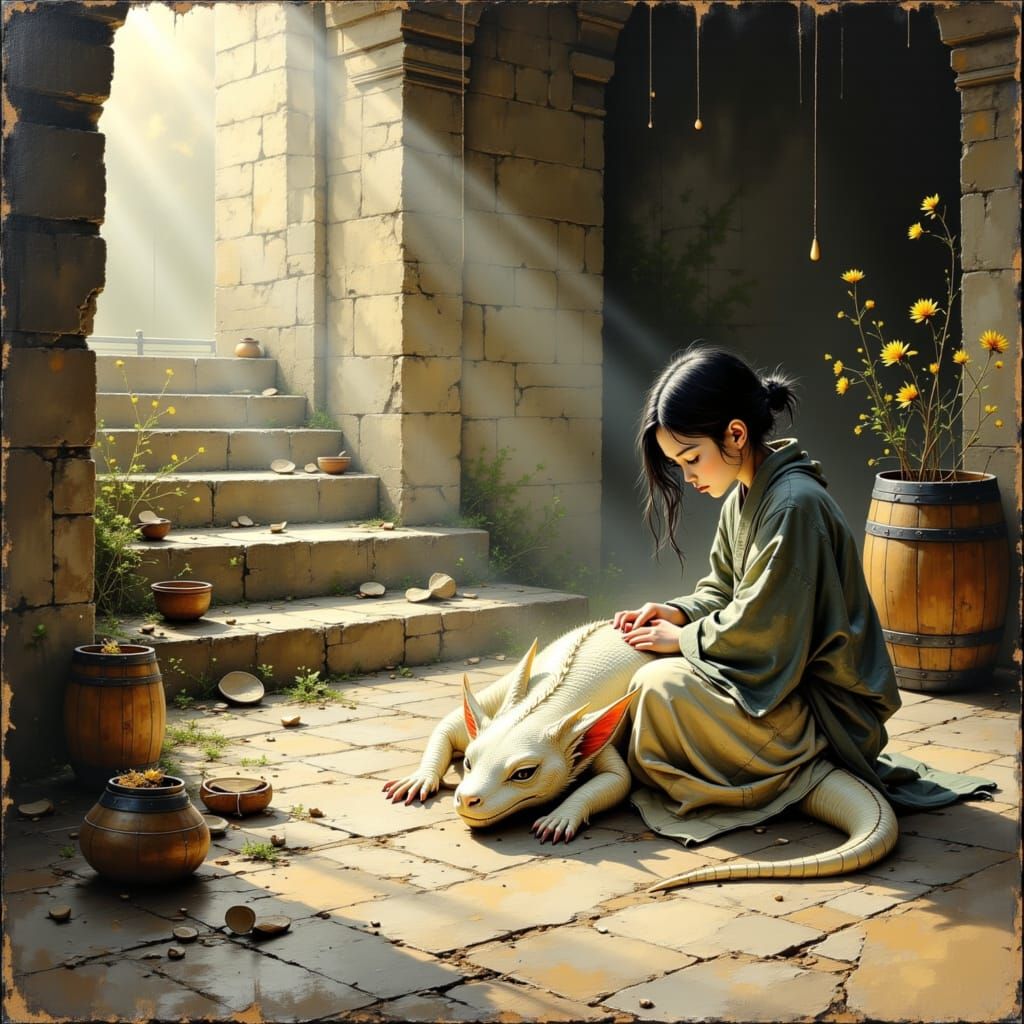 Girl and Sleeping Dragon in Impasto Style