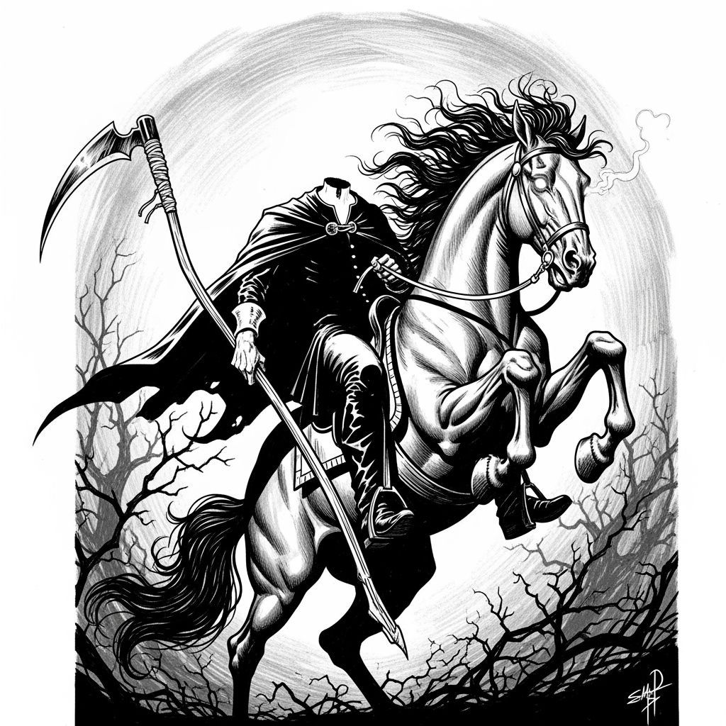 Headless Horseman Rearing on Horse in Black and White