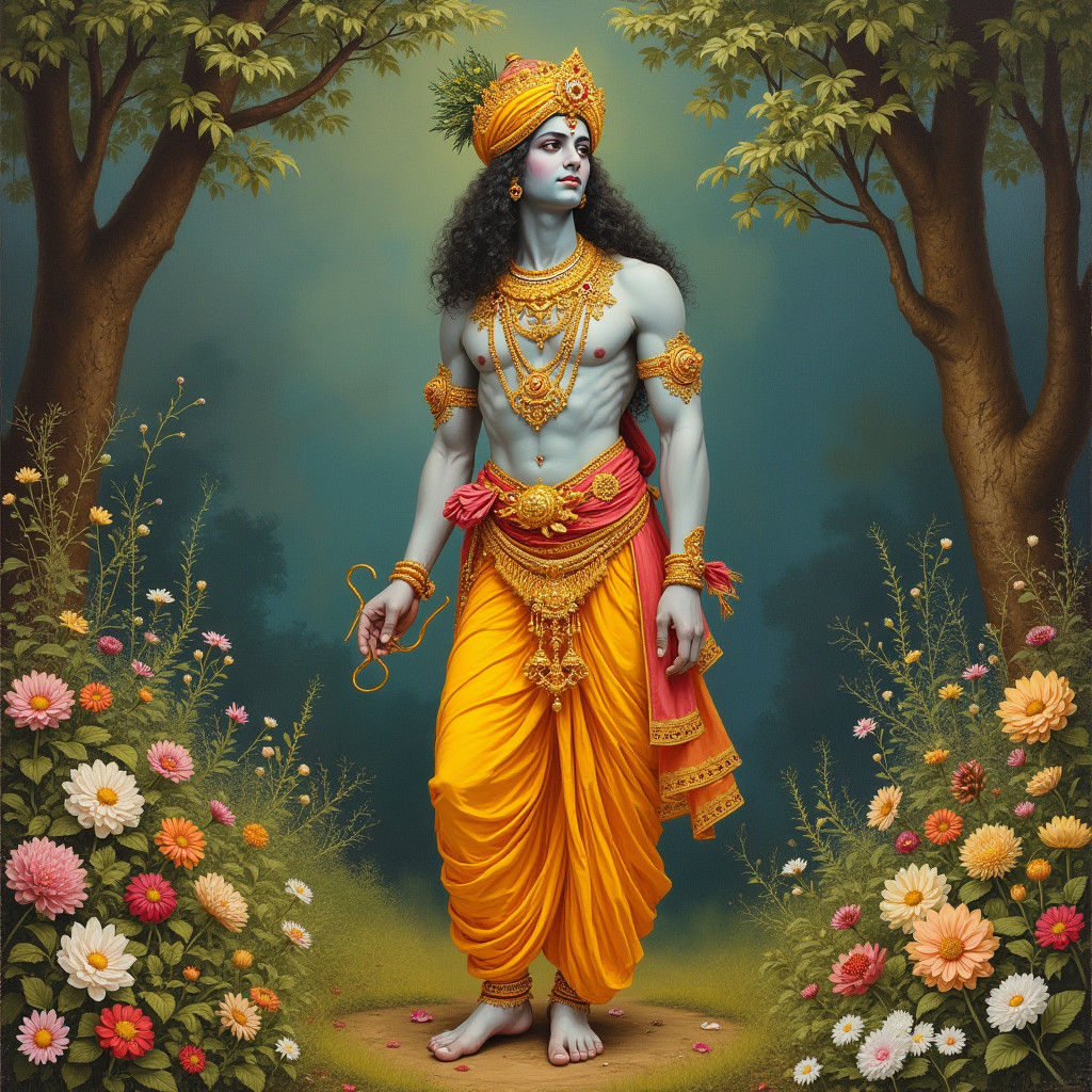 Krishna in Ornate Golden Attire in Lush Garden