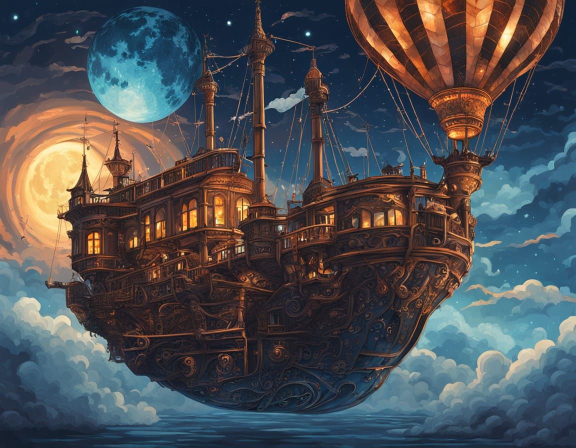 Fantastical Flying Ship in Steampunk Digital Art