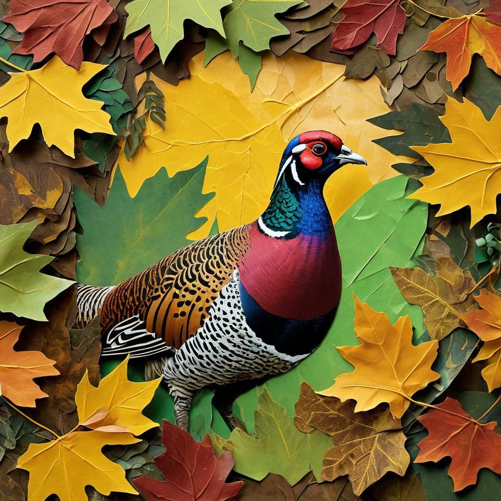 Pheasant in Autumn Leaves: A Mixed Media Collage