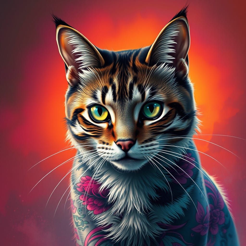 Majestic Cat with Intricate Tattoos in Hyperrealistic Style