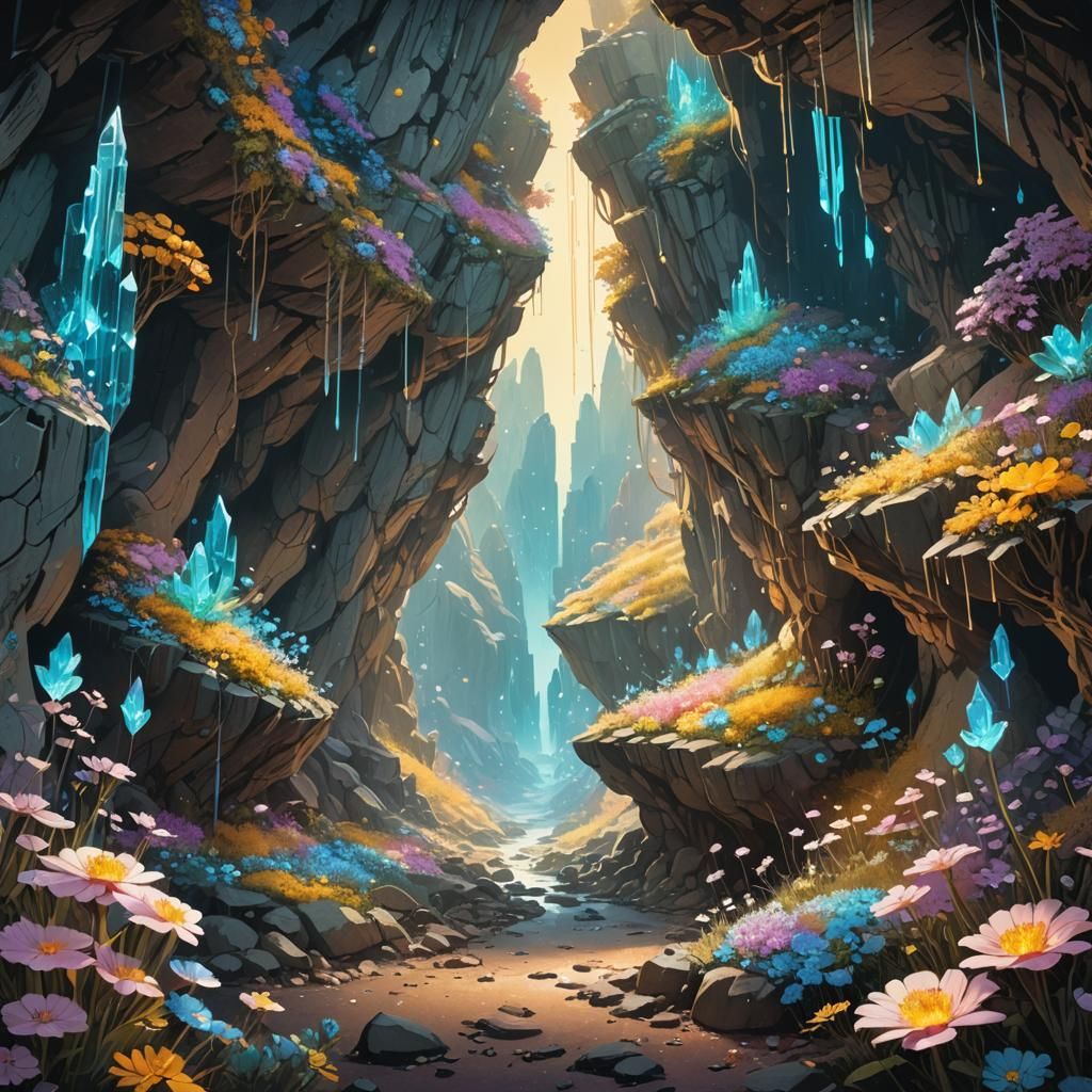 Iridescent Crystal Cave with Fairy Dust Flowers