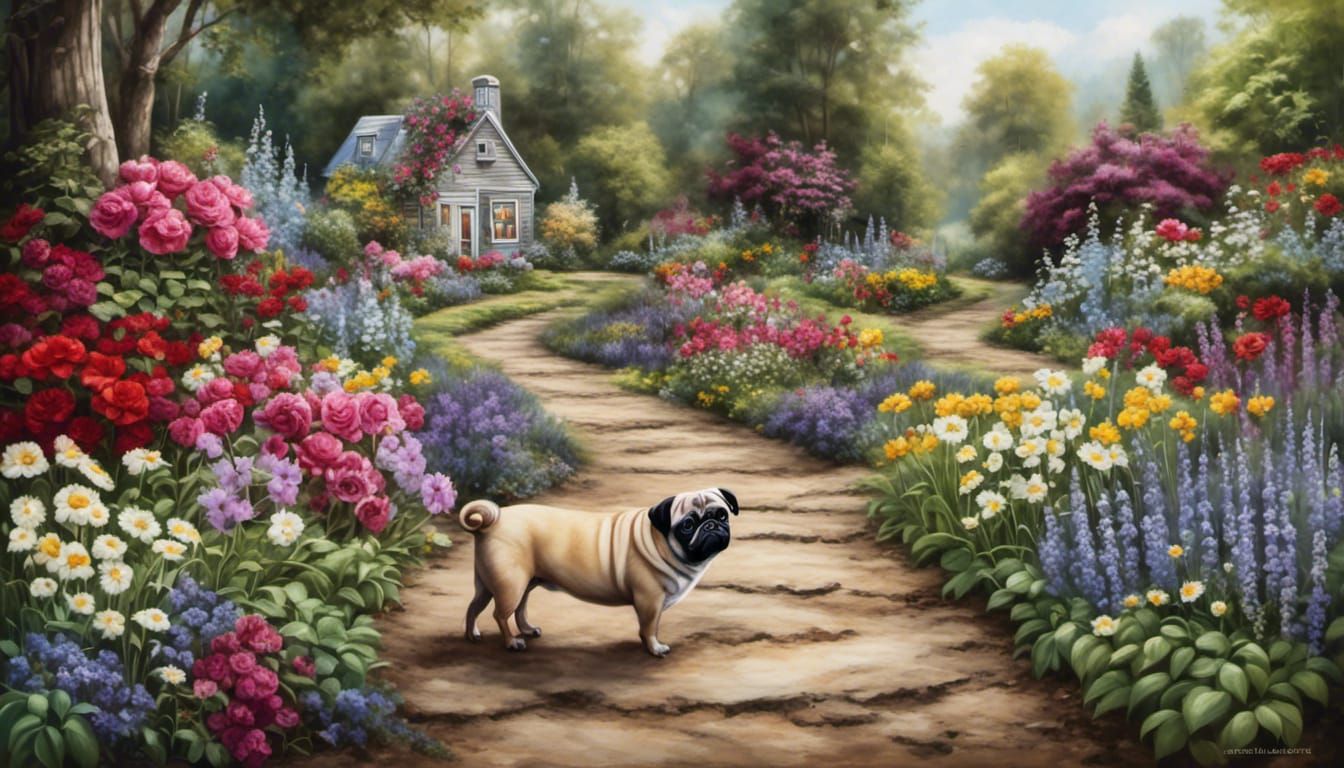 Pugs in a Realistic Flower Garden with Stream