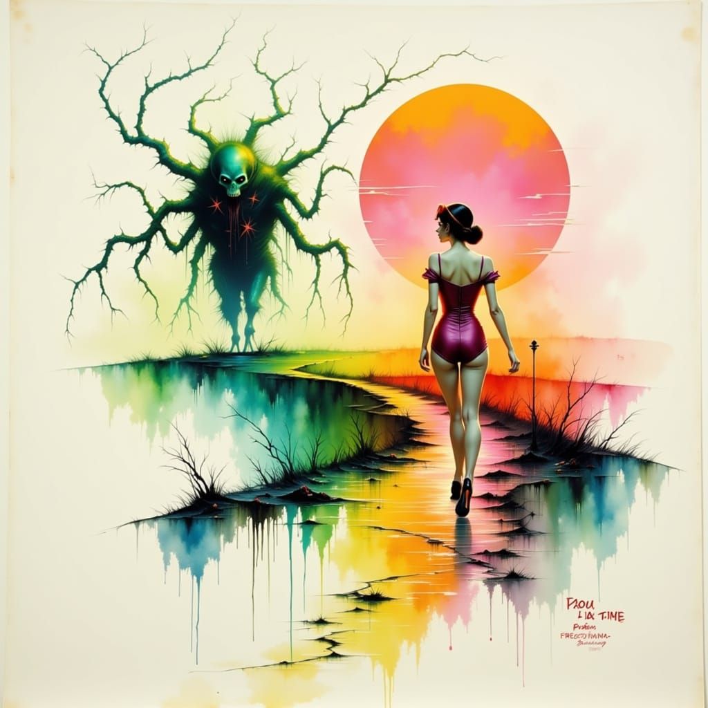 1950s Pinup Lady in Neon Sunset of Destruction