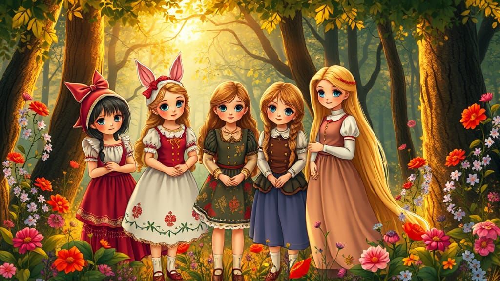 Fairy Tale Characters in Forest, Alphonse Mucha Style