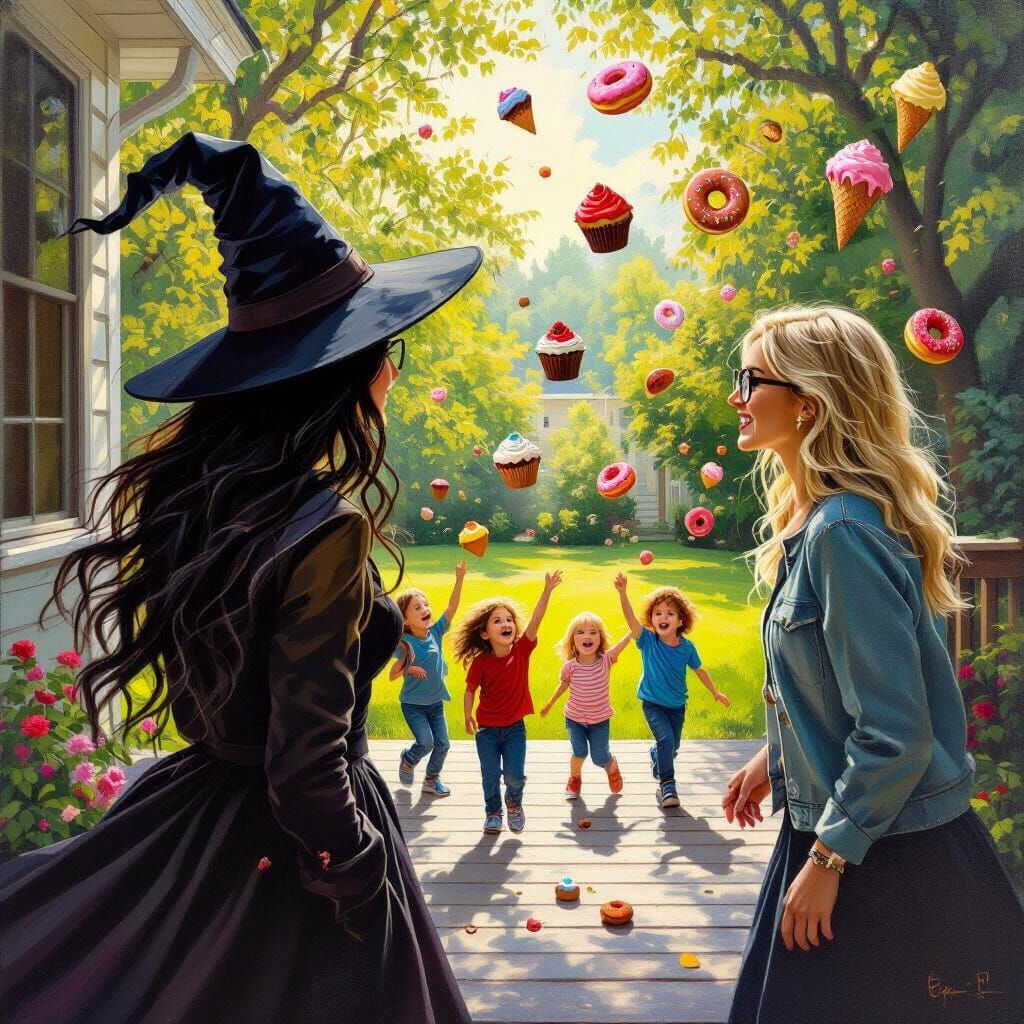 Witch and Neighbor Watch Kids Chase Flying Desserts