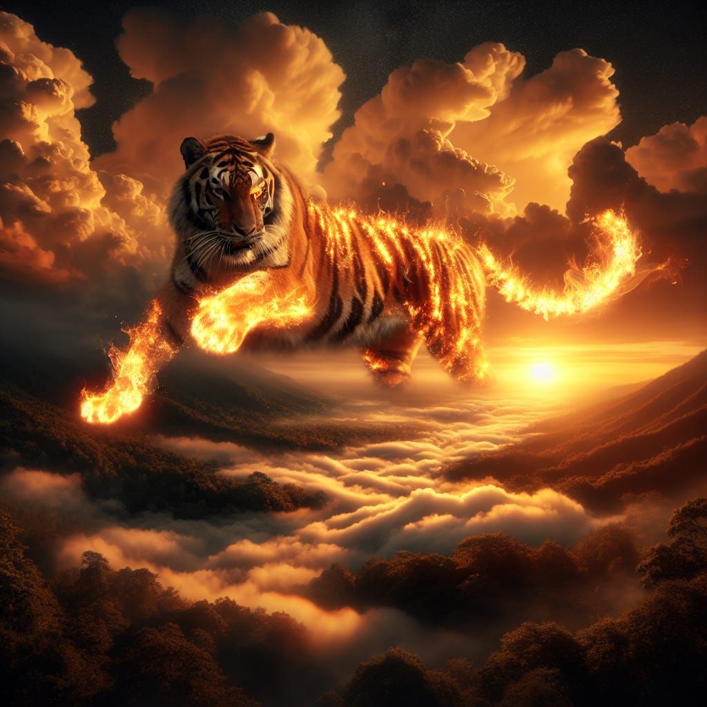 Flaming Tiger in Golden Hour Sunset
