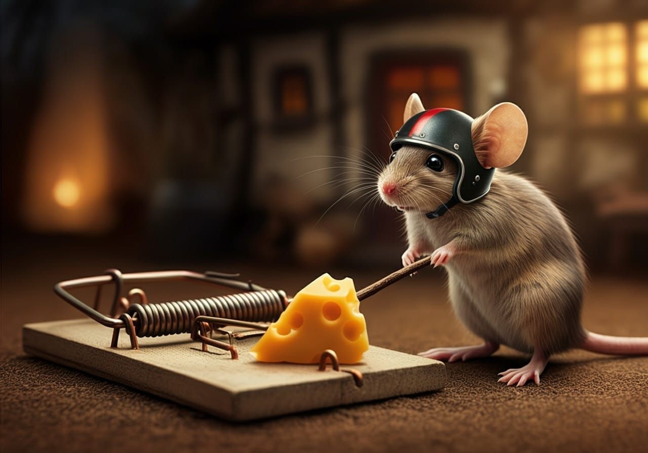 Mouse in Whimsical Motorcycle Getup Hitting Cheese with a St...