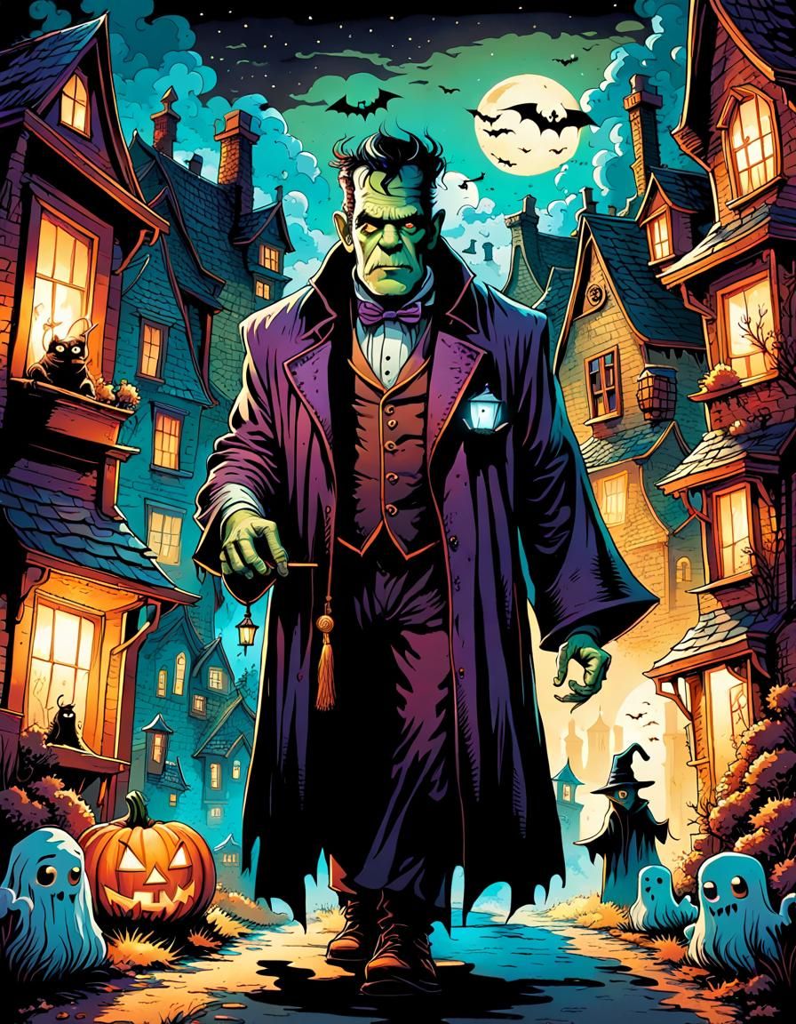 Frankenstein Monster Wizard in Halloween Storybook Style