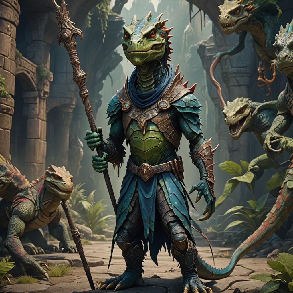 Half-Human Reptilian Creature with Staff, Detailed Digital A...