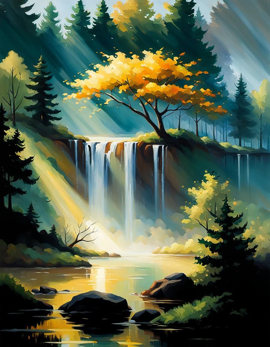 Impressionist Lake Landscape with Golden Light