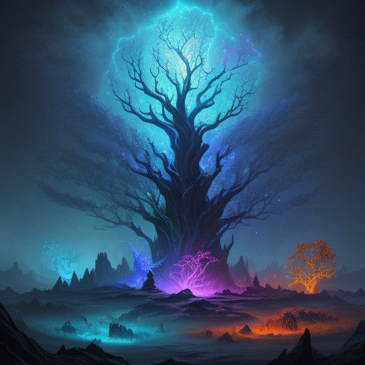 Surreal Superpowered Beasts Converge Around an Ethereal Tree