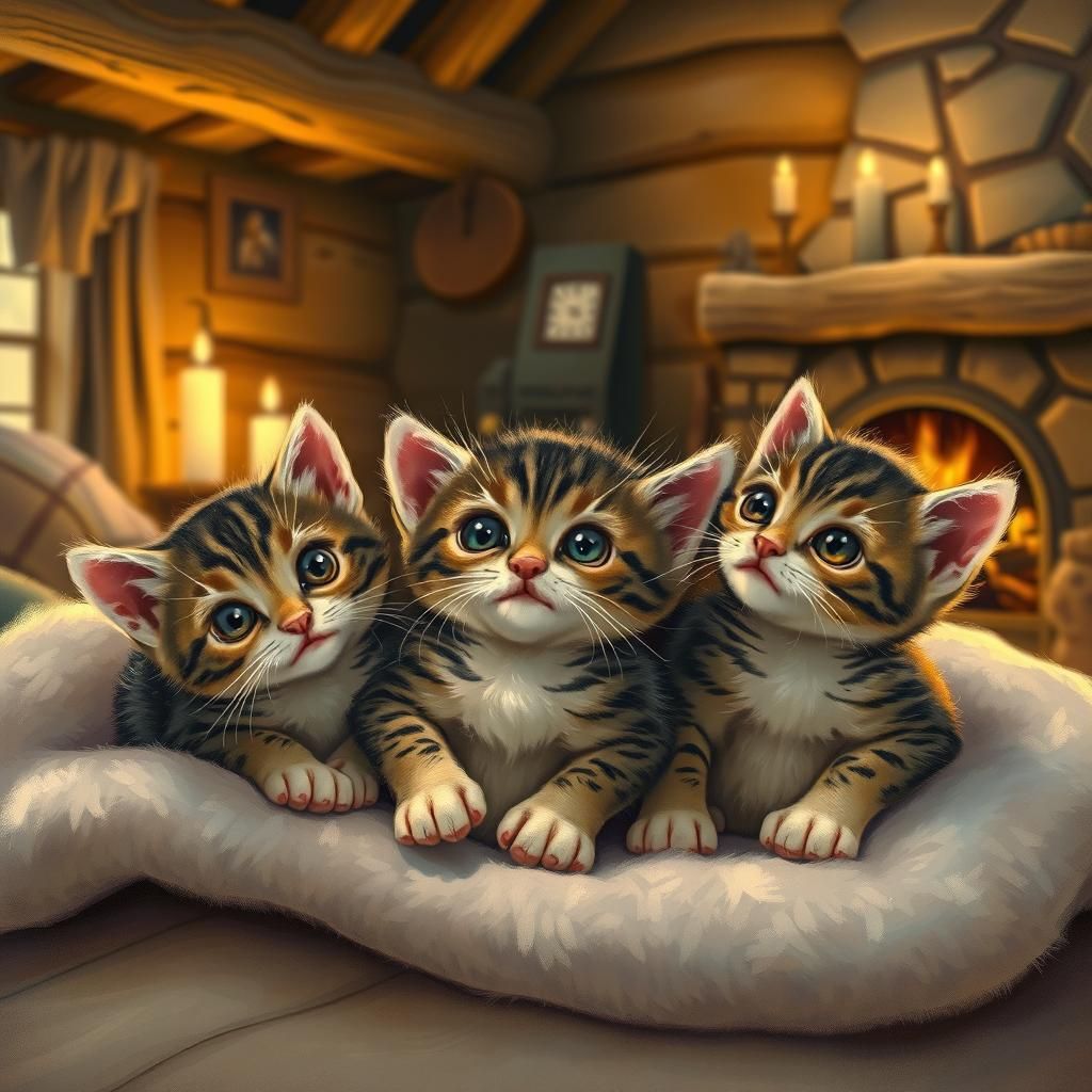 Orphaned Kittens in Cozy Cabin, Illustrated Style