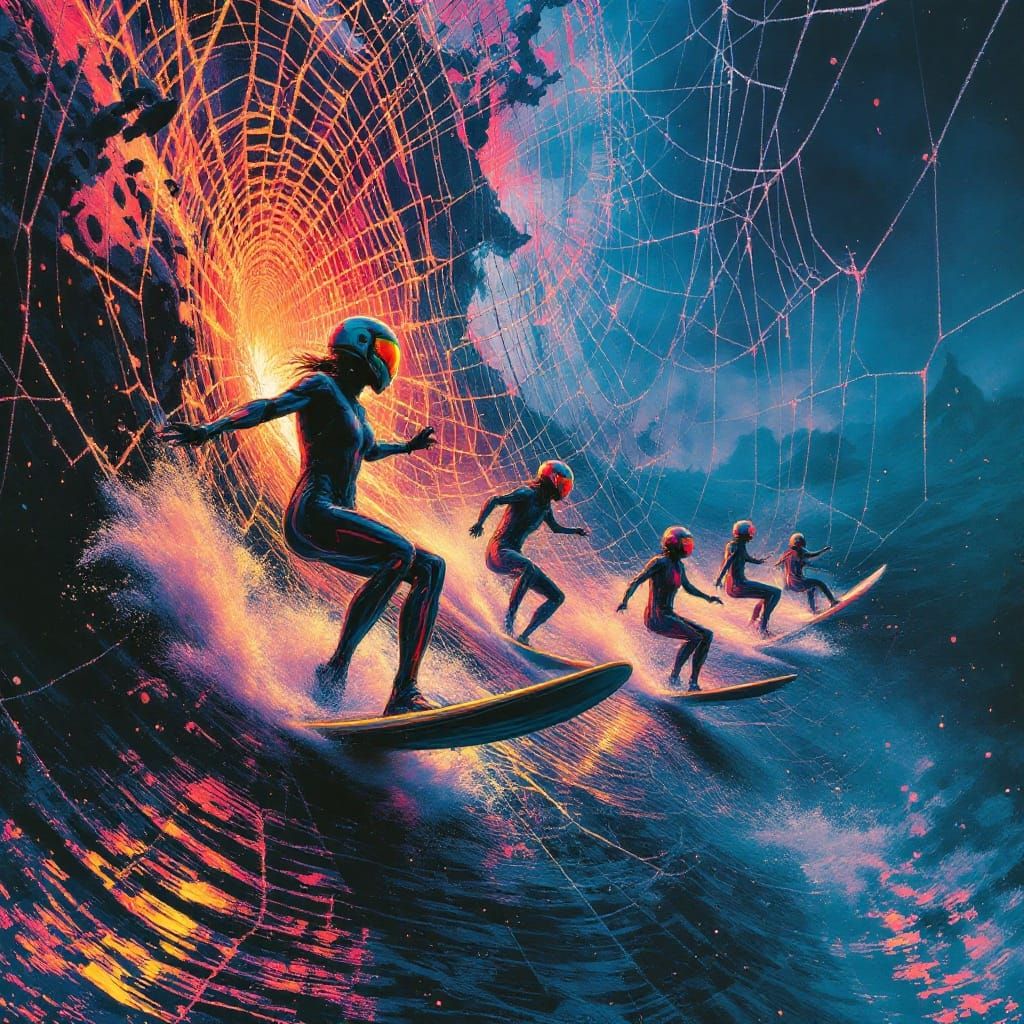 Surfers Ride a Spiderweb in Surreal Landscape